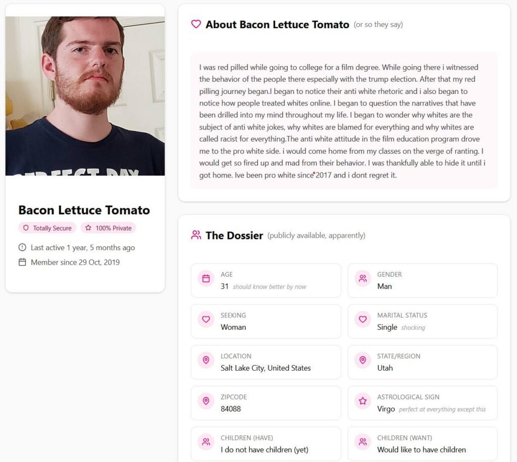 Aaron Oregan of Salt Lake City, Utah's white date profile describing himself as "pro-white" since 2017.