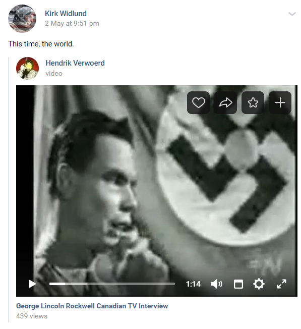 A VK post by Kirk Widlund of American Nazi Party founder George Lincoln Rockwell in front of a Nazi flag