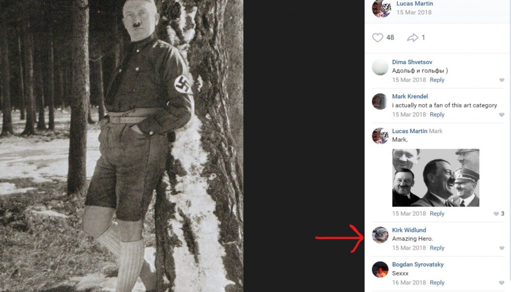 A photo posted on VK of Adolph Hitler in the snow. Kirk Widlund is in the comments saying "Amazing Hero."