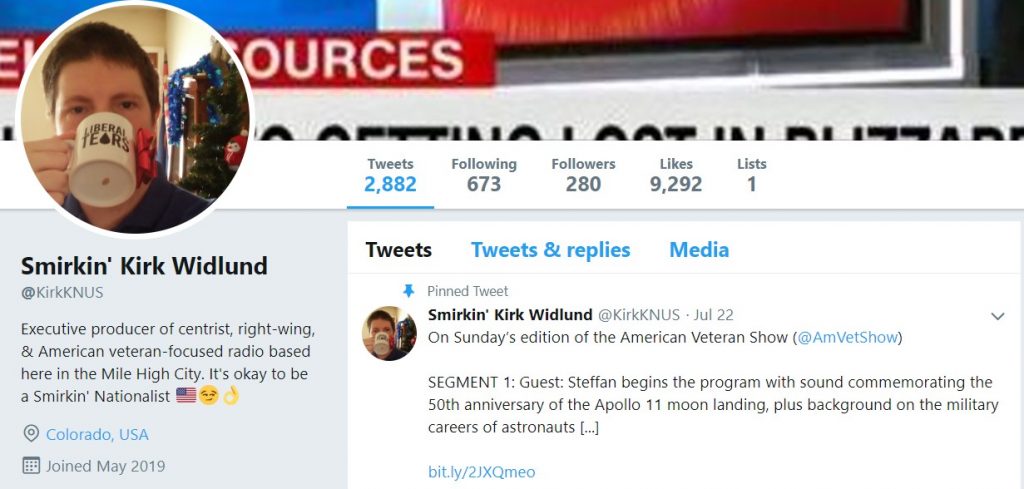 Kirk Widlund's former twitter account @KirkKNUS, featuring the bio text "Executive producer of centrist, right-wing, & American veteran-focused radio based here in the Mile High City. It's okay to be a Smirkin' Nationalist ????????????????"