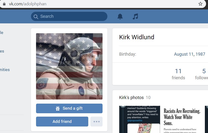 A screenshot of Kirk Widlund's VK profile and his custom URL "vk.com/adolphphan"