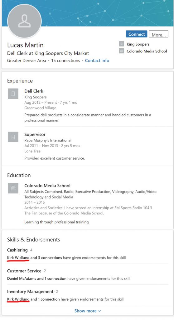 Lucas Martin's LinkIn resume, showing him having attended Colorado Media School and working at King soopers