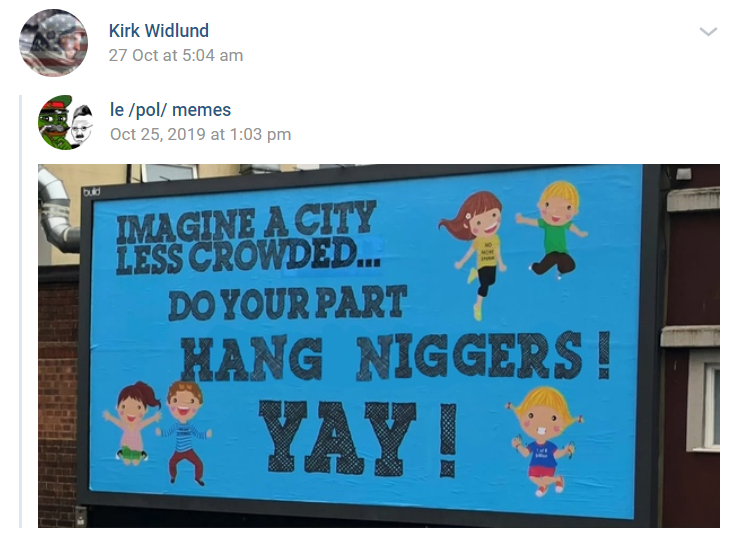 A VK photo shared by Kirk with a child-friendly aesthetic that reads "Imagine a city less crowded... do your part hang niggers ! Yay !