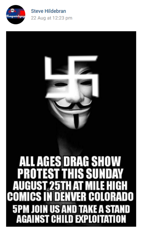 A Flyer for the August Mile High Comics Protest featuring a swastika on top of a Guy Fawkes mask