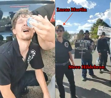 Two photos. Lucas Martin on the left with water being poured into his eye while he wears a Nazi SS Totenkopf on his shirt. The right photo is Lucas and Steve Hildebran standing next to each other at the same event. Steve is holding a sign that says "CHOMOS NOT WELCOME"