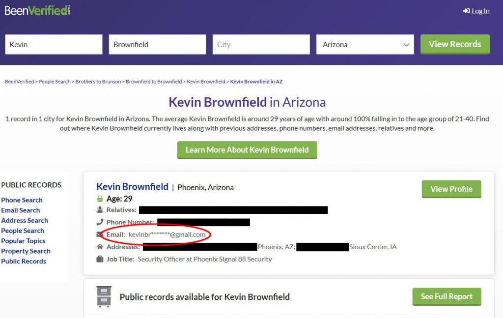 Kevin Brownfield's BeenVerified account feating his email