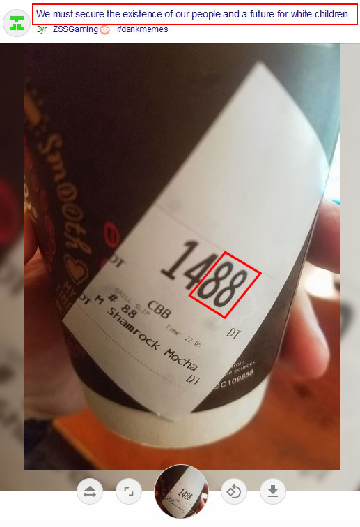 A to-go cup of coffee with the number 1488 labelled on it. The 88 is highlighted.