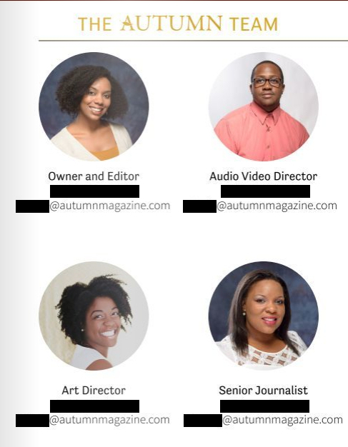 Autumn Magazine's masthead, featuring four black writers