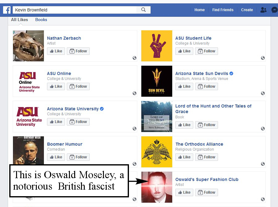 A screenshot of Kevin's Facebook likes, featuring "Oswald's Super Fashion Club". A box with an arrow pointing to this listing reads "This is Oswald Moseley, a notorious British fascist"