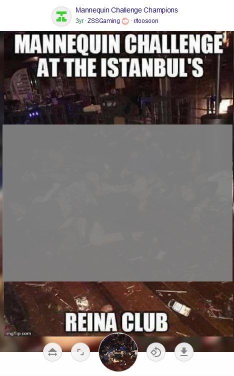 A meme posted by Kevin featuring a photo of dead bodies at the Istanbul Reina Club, with the text "Mannequin Challenge at the Instanbul's Reina Club" on top