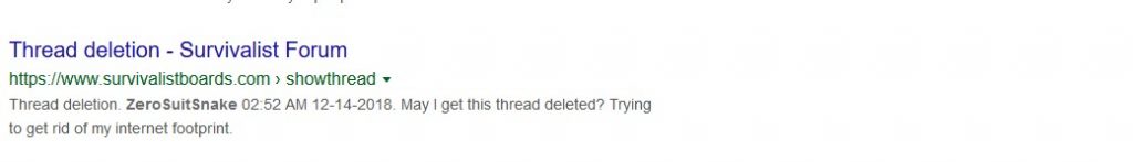 A screenshot of a cached Google search result of a post on Survivalist Forum asking "may I get this thread deleted?"