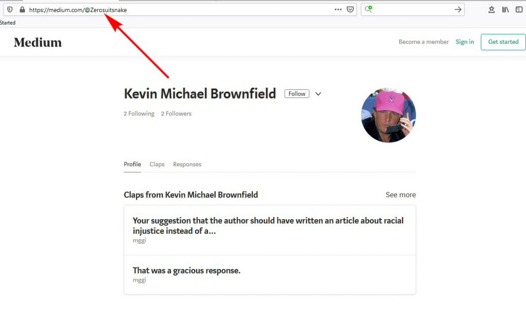 Kevin Michael Brownfield's Medium account with url suffix "Zerosuitsnake" highlighted with an arrow