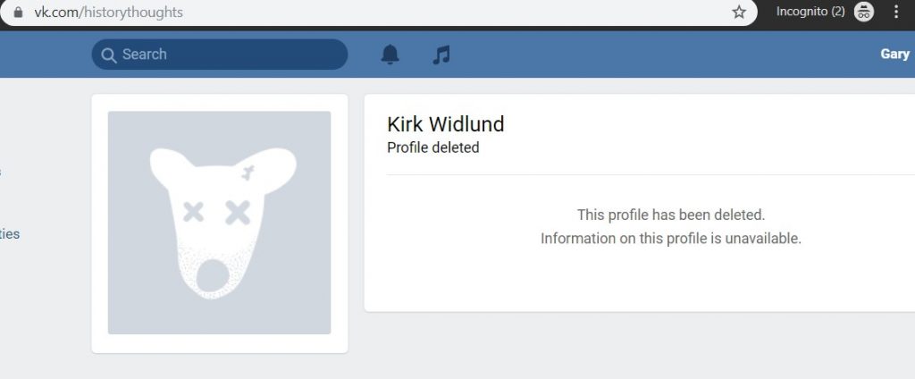 A screenshot of Kirk Widlund's deleted VK profile. The URL is VK.com/HistoryThoughts