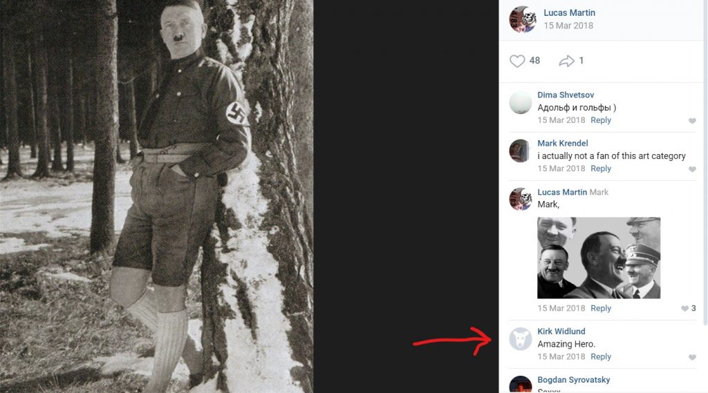 A photo of Adolf Hitler posted by Lucas Martin on VK, with a comment by Kirk Widlund highlighted that reads "Amazing Hero."