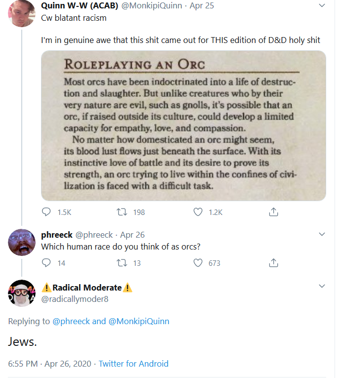 A tweet from Radical Moderate's account calling Jews "orcs"