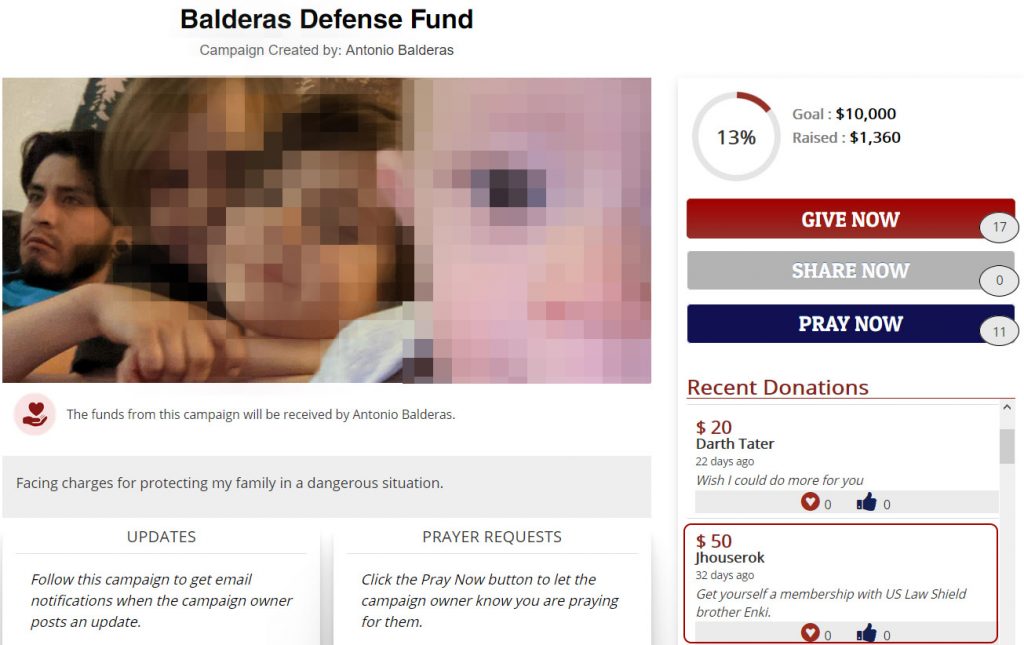 A screenshot of Antonio Balderas' GiveSendGo Fundraiser. There is a photo of Antonio with three children, whose faces are blurred out.