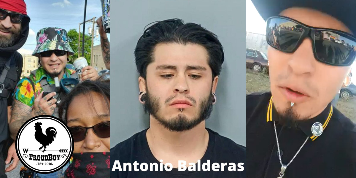 Three images of Antonio Balderas with a Proud Boy Logo superimposed on the bottom left.