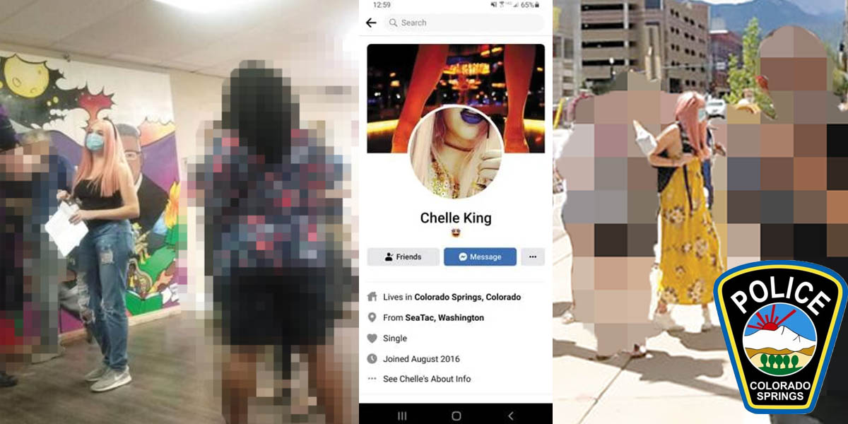 two photos of CSPD officer April Rogers on the left and right sides of the image. Her Facebook profile with the alias Chelle King is in the center of the image. The Colorado Springs Police Department emblem is superimposed on the bottom right of the image.