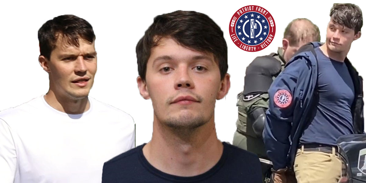 The pohotos of Nathan Brenner with a Patriot Front logo imposed on top. The photo on the right is Nathan Brenner getting arrested.