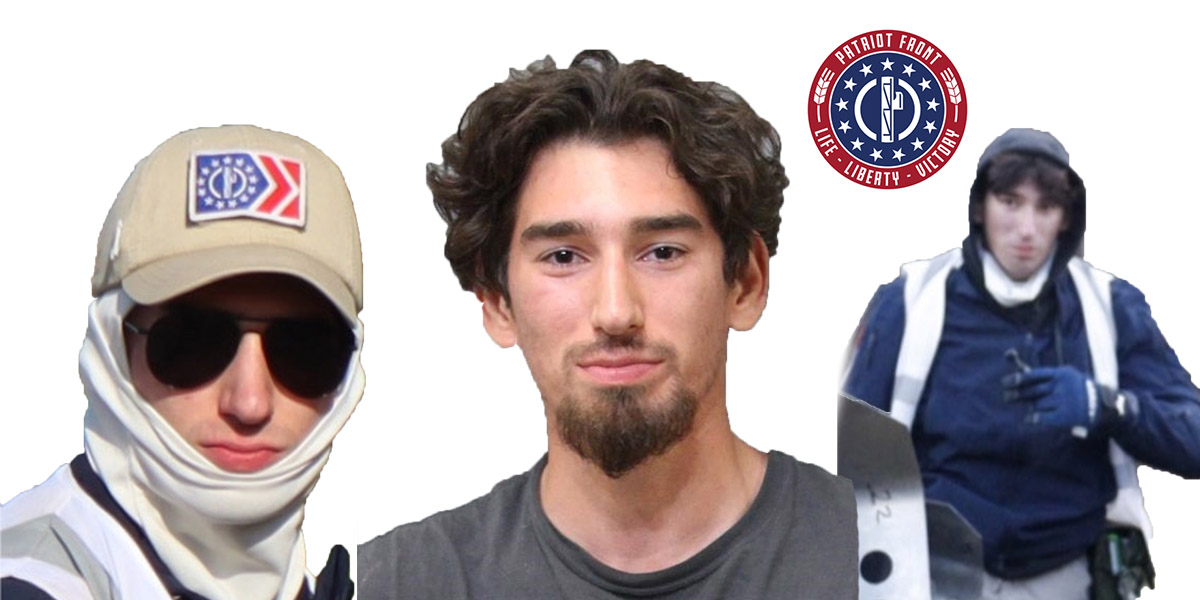 Three seperate images of Patriot Front member Conor James Ryan with the Patriot Front logo on top. In the photo on the left, Conor is wearing a Patriot Front baseball cap. The photo in the center is Conor's mugshot from his arrest at Coeur d'Alene, Idaho Pride, and the in the image on the right, Conor is wearing Patriot Front gear and holding a shield.