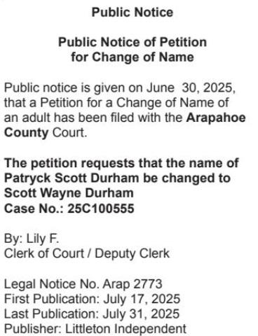 Public notice public notice of petition for change of name.